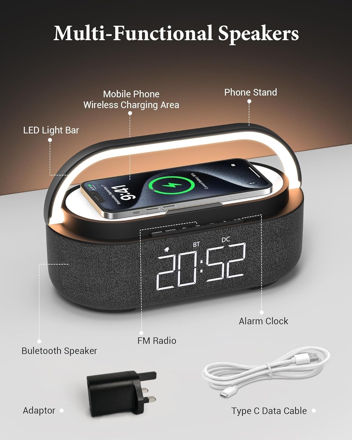 Digitale Wekkerradio met Draadloze Oplader & Bluetooth (34% Korting)