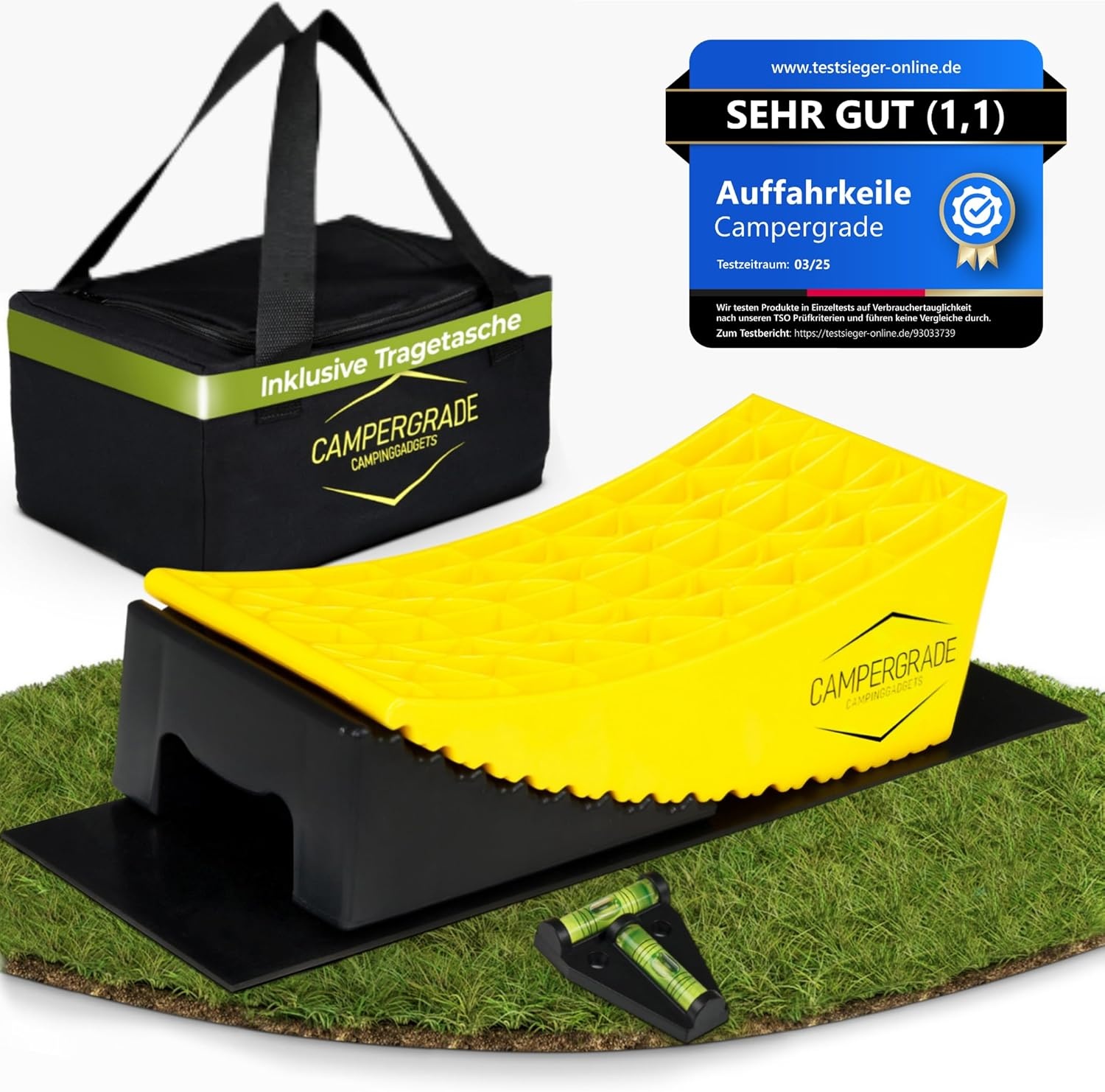 Oprijwiggen voor camper - maximale grip [incl. waterpas, onderlegmat] onderlegwiggen voor caravans en aanhangers - geen wegzakken | 2-delige set, universeel voor elk voertuig [13,5t]