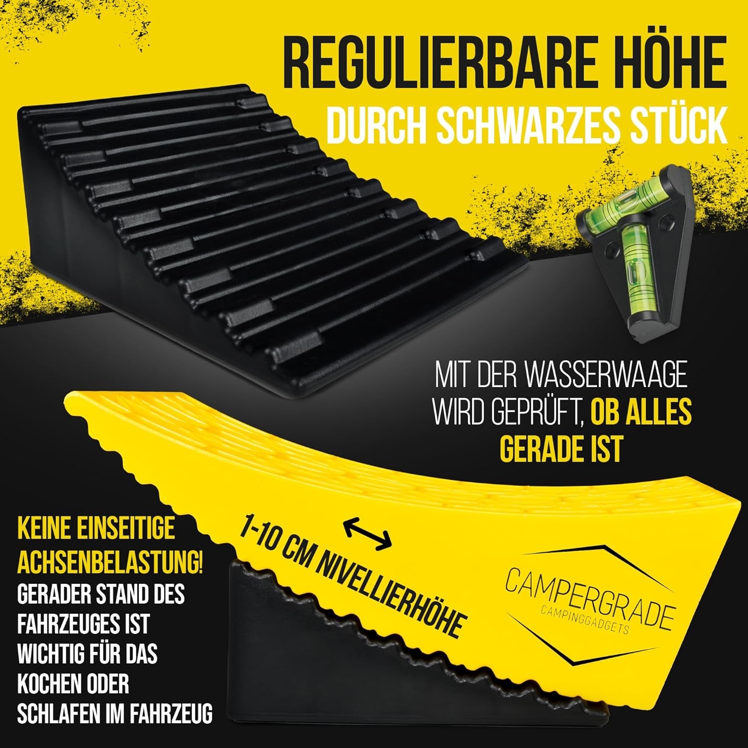 Oprijwiggen voor camper - maximale grip [incl. waterpas, onderlegmat] onderlegwiggen voor caravans en aanhangers - geen wegzakken | 2-delige set, universeel voor elk voertuig [13,5t]