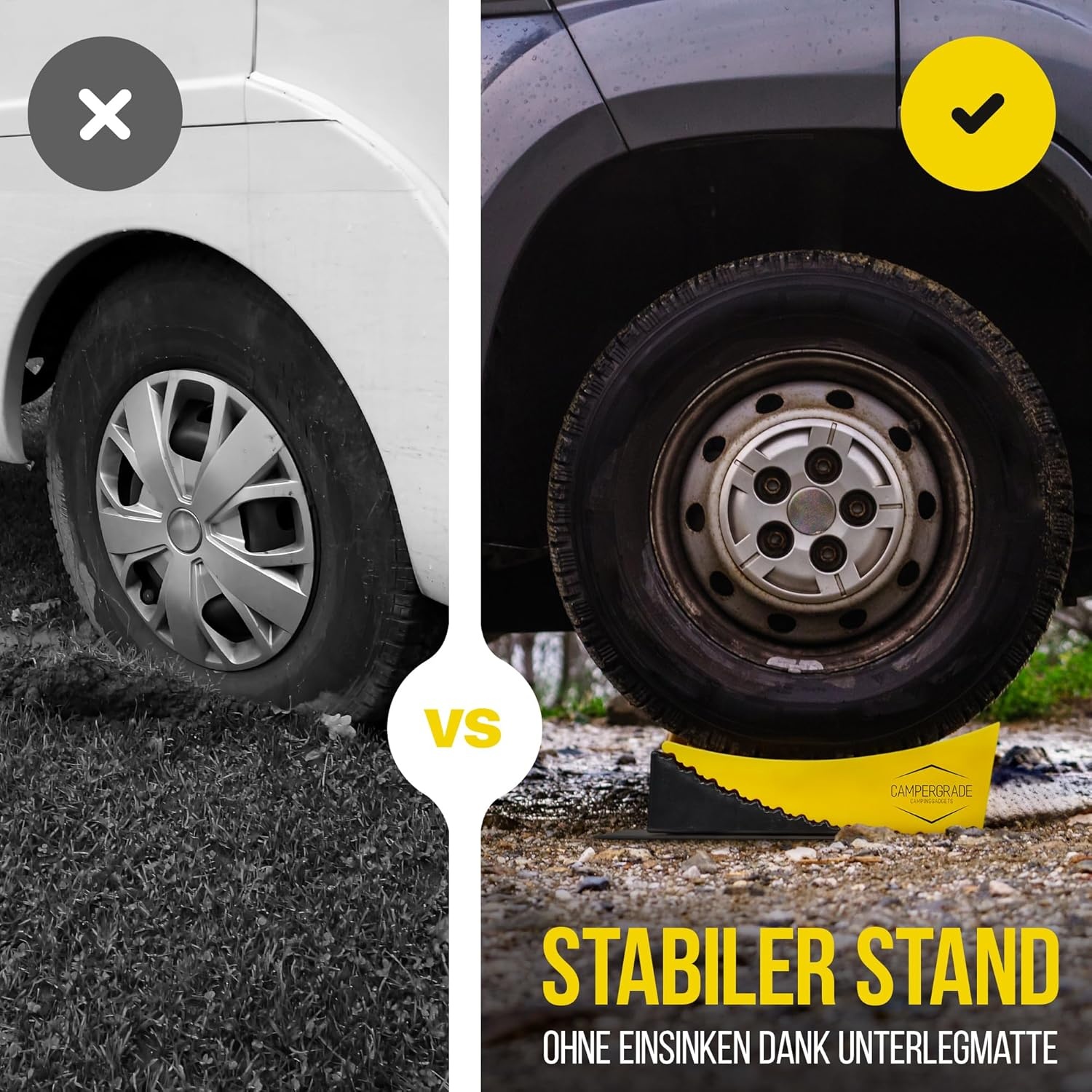 Oprijwiggen voor camper - maximale grip [incl. waterpas, onderlegmat] onderlegwiggen voor caravans en aanhangers - geen wegzakken | 2-delige set, universeel voor elk voertuig [13,5t]