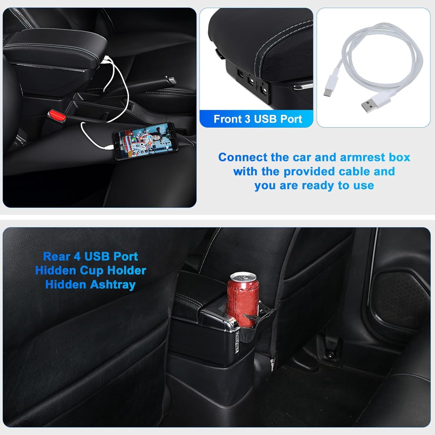 Zwarte Armleuning met Dubbele Laag en 7 USB-Poorten voor Renault Clio IV (2012-2019)