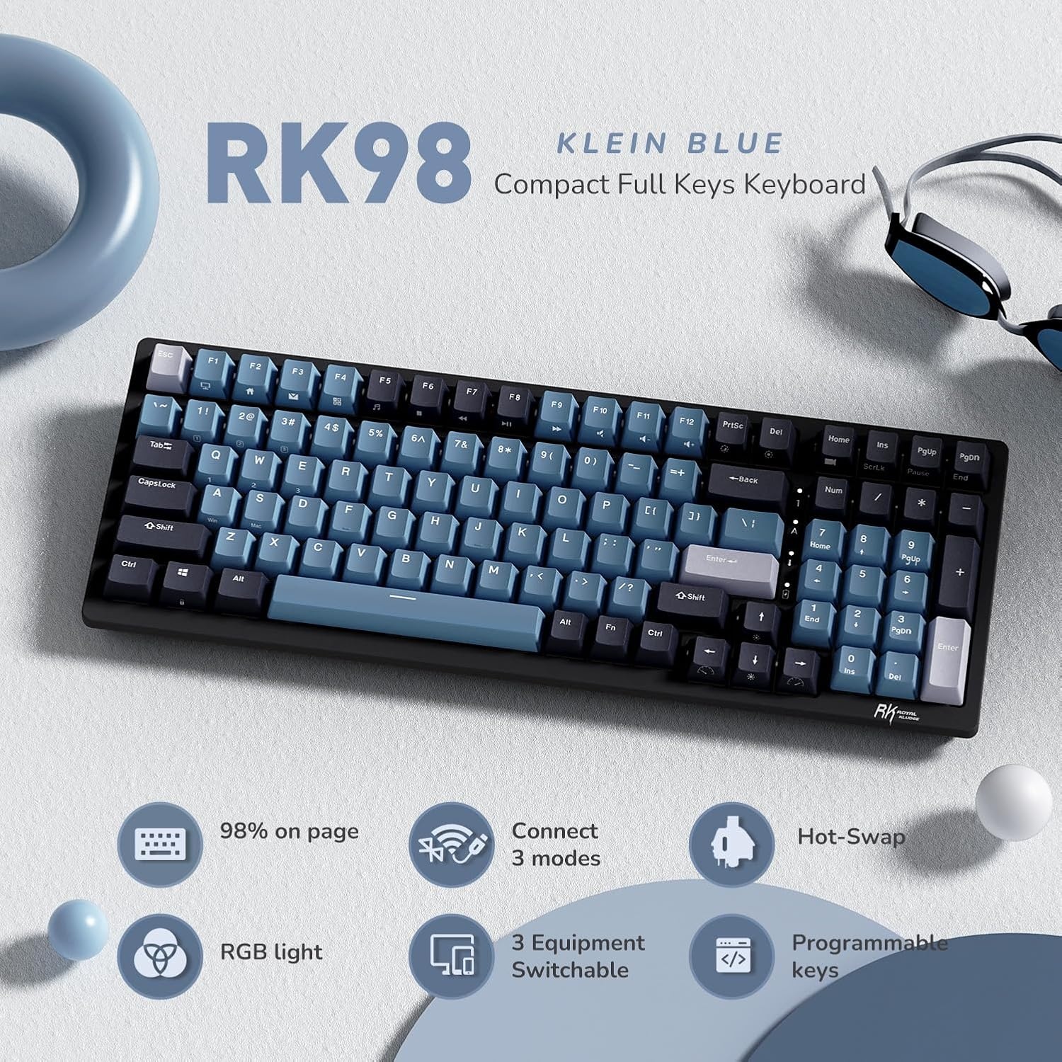 RK ROYAL KLUDGE RK98 Draadloos toetsenbord, Frans AZERTY, drievoudige modus, 2,4 G/BT5.1/USB-C 100 toetsen, rood, Hot Swappable met cijferblok, RGB-achtergrondverlichting, NKRO-batterij, 3750 mAh