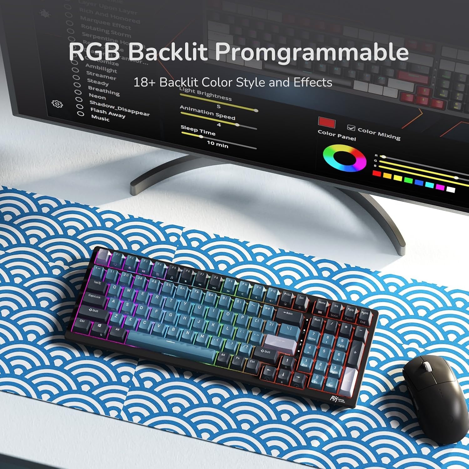 RK ROYAL KLUDGE RK98 Draadloos toetsenbord, Frans AZERTY, drievoudige modus, 2,4 G/BT5.1/USB-C 100 toetsen, rood, Hot Swappable met cijferblok, RGB-achtergrondverlichting, NKRO-batterij, 3750 mAh