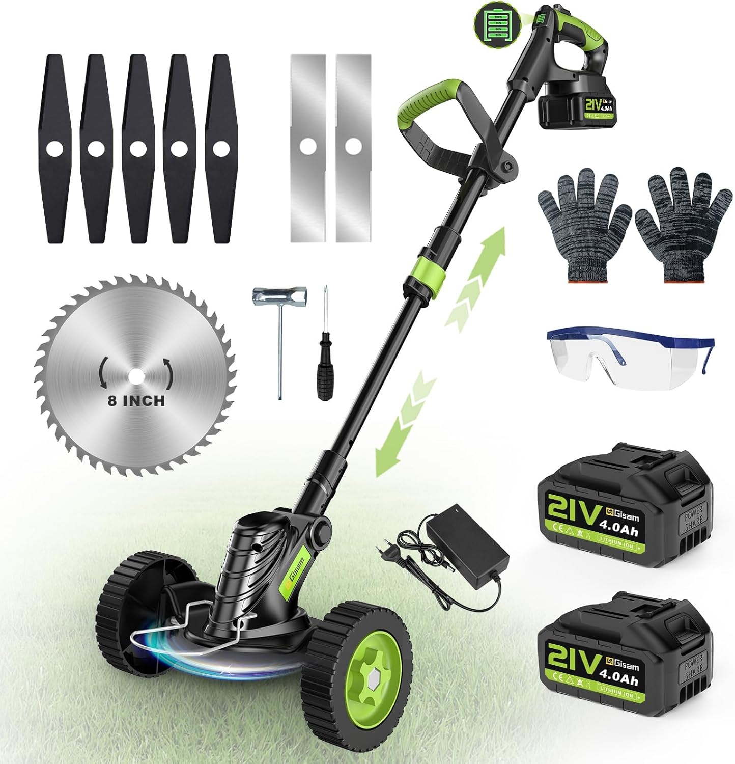 Gisam Grasmaaier Accu 20cm met 2x 4.0Ah Batterijen en 3 Maaikoppen