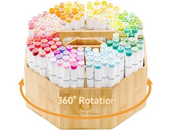 Ohuhu Marker Organizer, 360° draaibare bamboe grote capaciteit bureauopslag met draaggreep - 8+2 compartimenten houdt 162 markers of 750 kleurpotloden, perfect voor klaslokaal kantoor thuis buiten