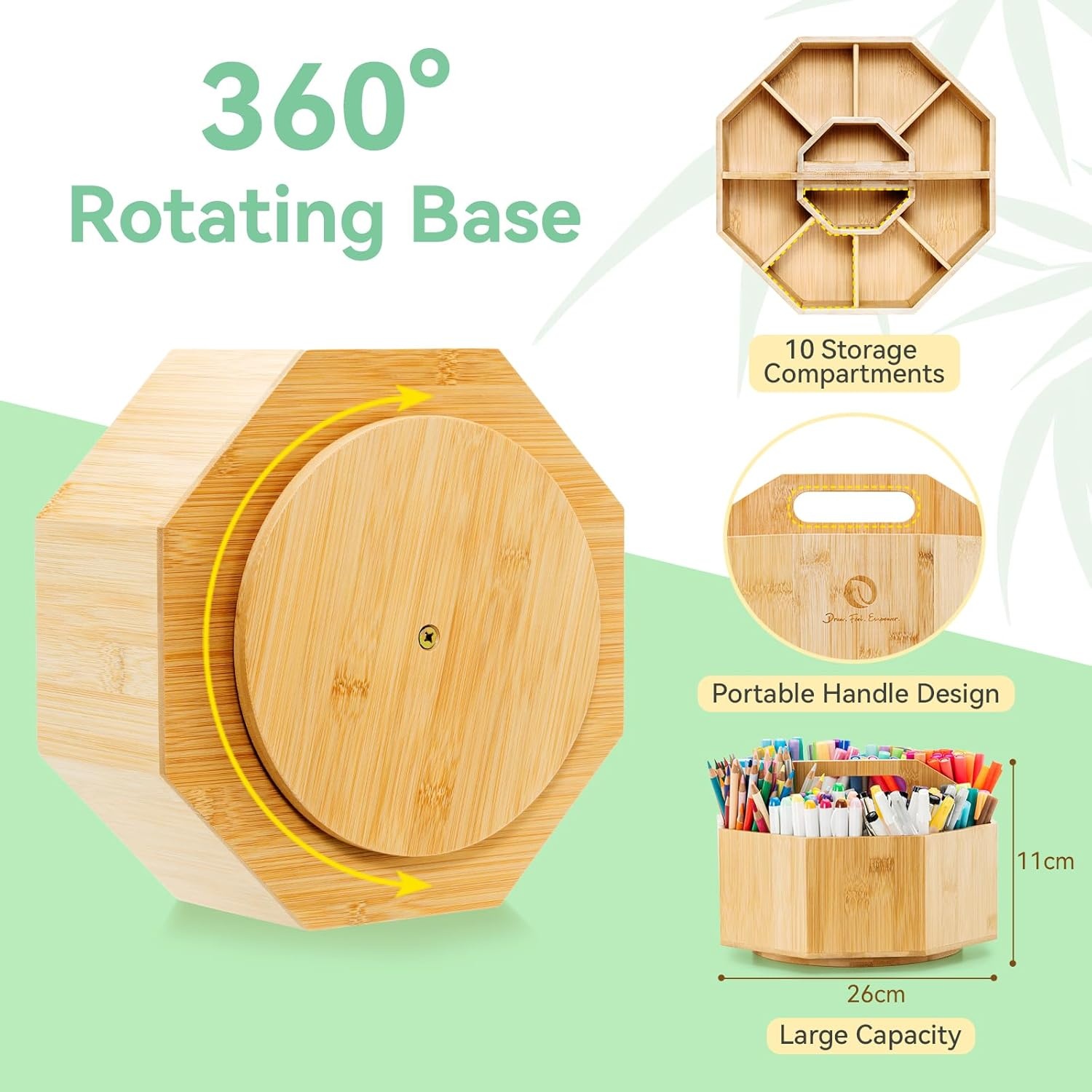 Ohuhu Marker Organizer, 360° draaibare bamboe grote capaciteit bureauopslag met draaggreep - 8+2 compartimenten houdt 162 markers of 750 kleurpotloden, perfect voor klaslokaal kantoor thuis buiten