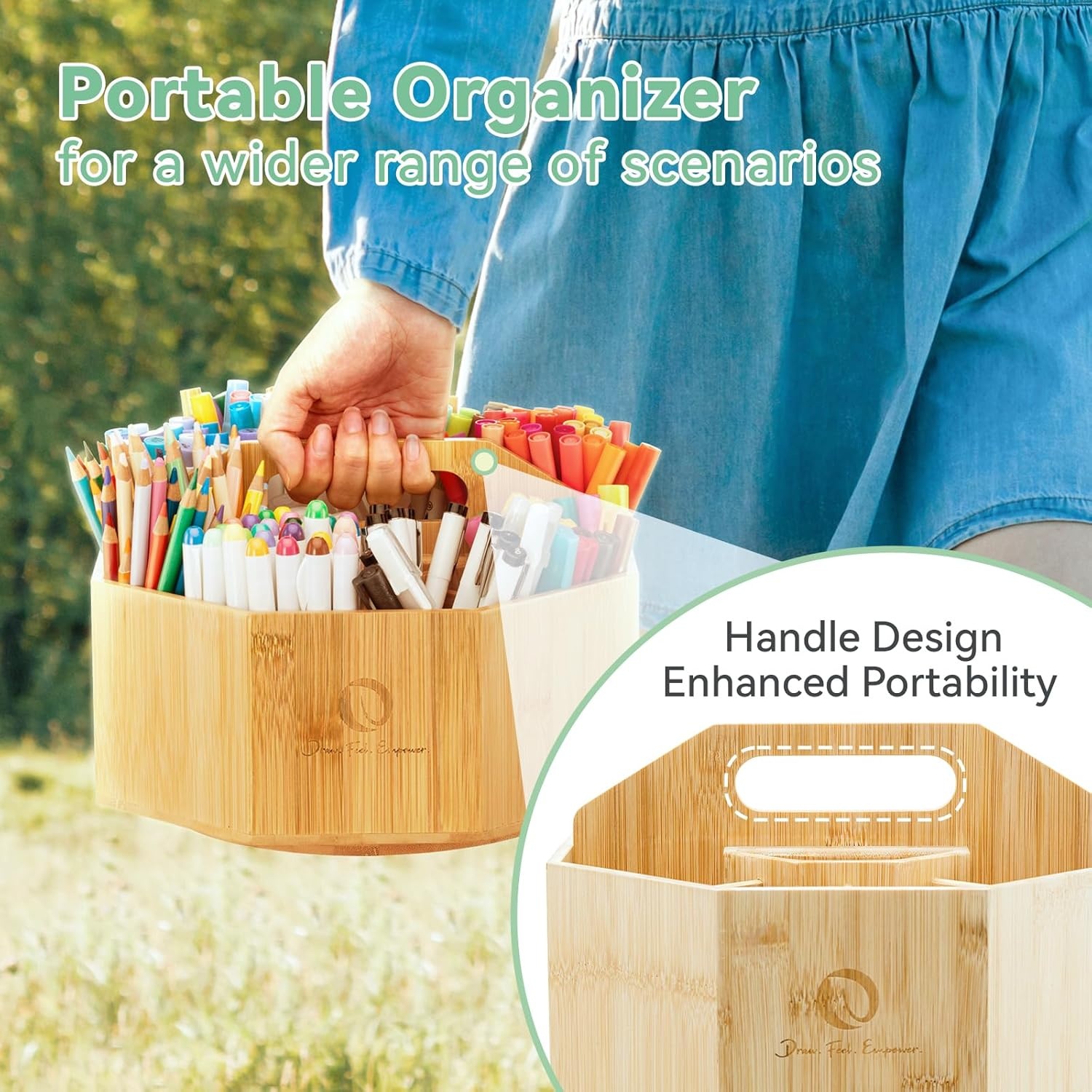 Ohuhu Marker Organizer, 360° draaibare bamboe grote capaciteit bureauopslag met draaggreep - 8+2 compartimenten houdt 162 markers of 750 kleurpotloden, perfect voor klaslokaal kantoor thuis buiten