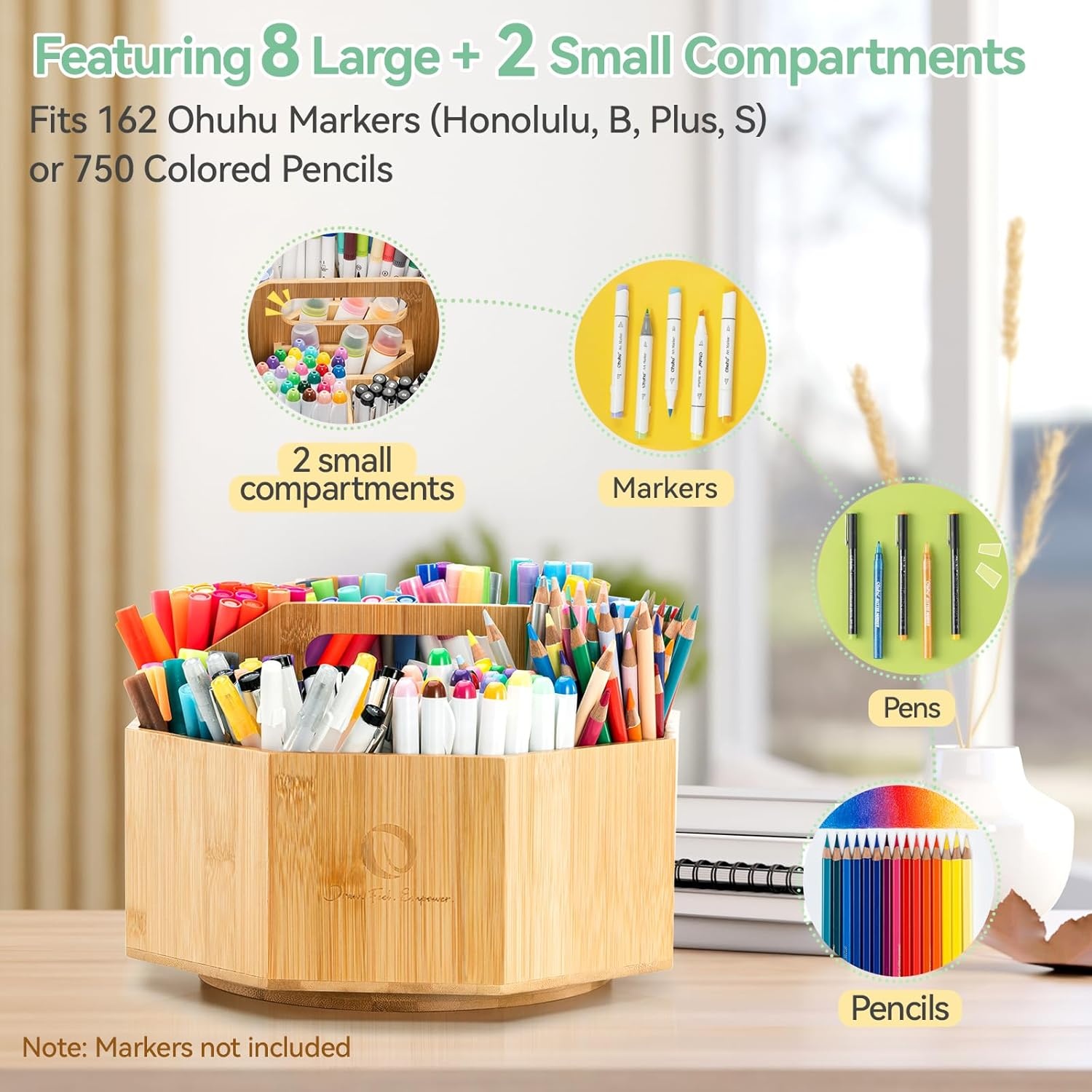 Ohuhu Marker Organizer, 360° draaibare bamboe grote capaciteit bureauopslag met draaggreep - 8+2 compartimenten houdt 162 markers of 750 kleurpotloden, perfect voor klaslokaal kantoor thuis buiten