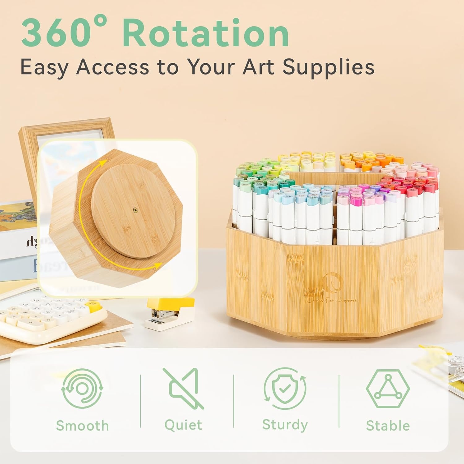 Ohuhu Marker Organizer, 360° draaibare bamboe grote capaciteit bureauopslag met draaggreep - 8+2 compartimenten houdt 162 markers of 750 kleurpotloden, perfect voor klaslokaal kantoor thuis buiten