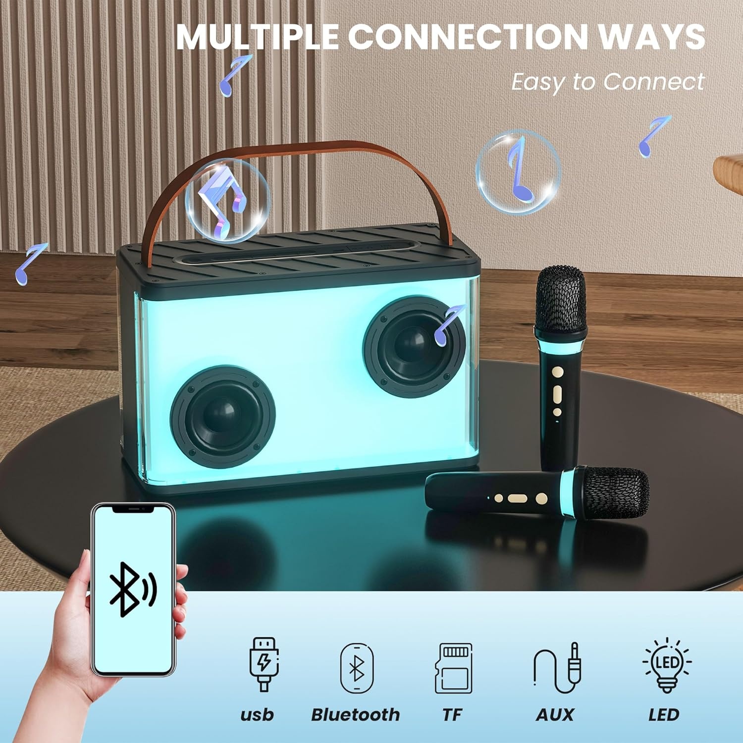 BONAOK K20 Karaoke Systeem met 2 Microfoons en Bluetooth Speaker