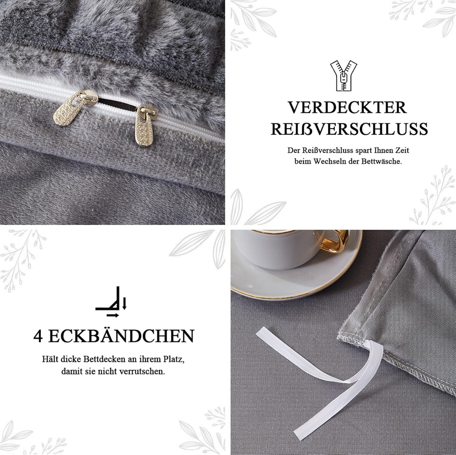 Tospass Pluche beddengoed, 200 x 220 cm, 3-delig, winter, konijnenvacht, fluweel, fleece, flanel, grijs, wollig, warm beddengoed, kasjmier, touch, omkeerbaar dekbedovertrek met ritssluiting, 2