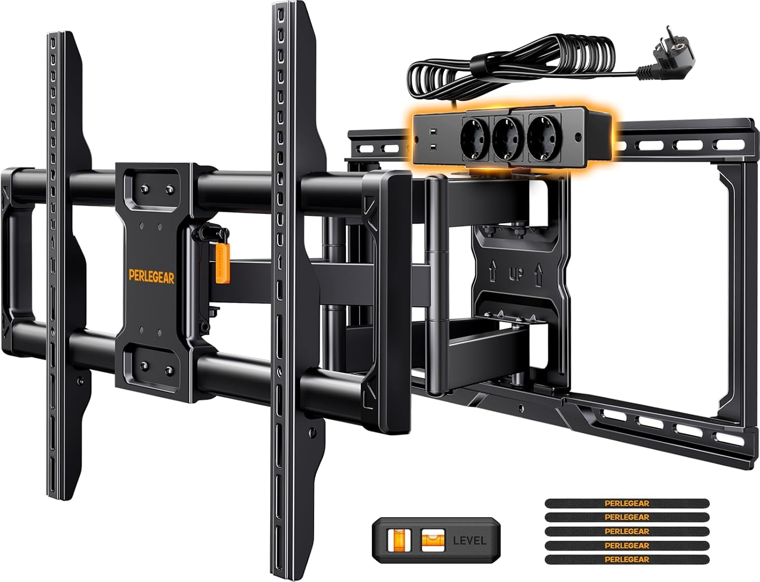Perlegear volledig beweegbare tv-muurbeugel met stekkerdoos, 42"-90", 68kg, voorgemonteerde tv-houder, soepele rotatie, helling, extensions, VESA 600x400mm, PGLF11