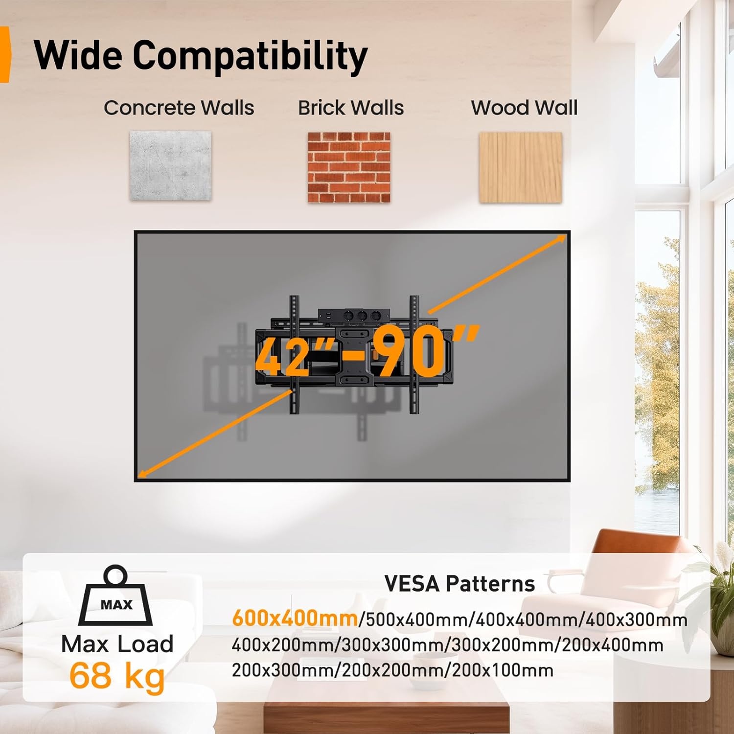 Perlegear volledig beweegbare tv-muurbeugel met stekkerdoos, 42"-90", 68kg, voorgemonteerde tv-houder, soepele rotatie, helling, extensions, VESA 600x400mm, PGLF11