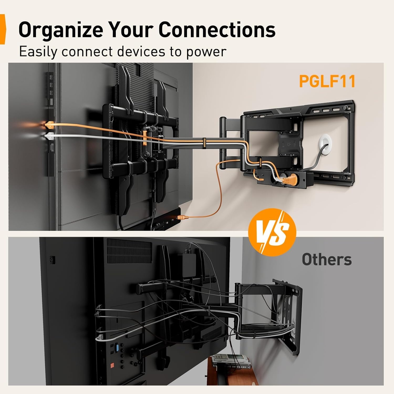 Perlegear volledig beweegbare tv-muurbeugel met stekkerdoos, 42"-90", 68kg, voorgemonteerde tv-houder, soepele rotatie, helling, extensions, VESA 600x400mm, PGLF11