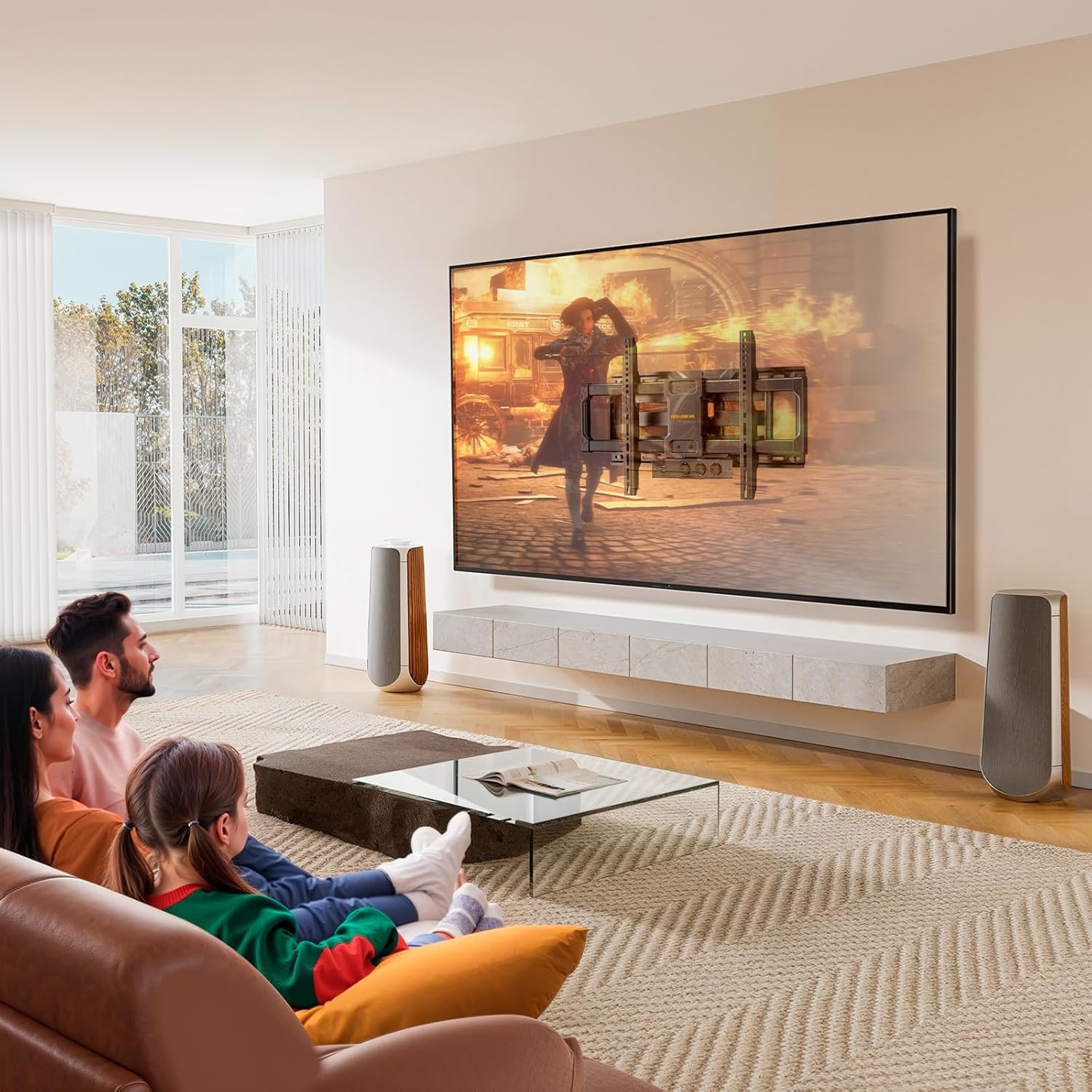 Perlegear volledig beweegbare tv-muurbeugel met stekkerdoos, 42"-90", 68kg, voorgemonteerde tv-houder, soepele rotatie, helling, extensions, VESA 600x400mm, PGLF11