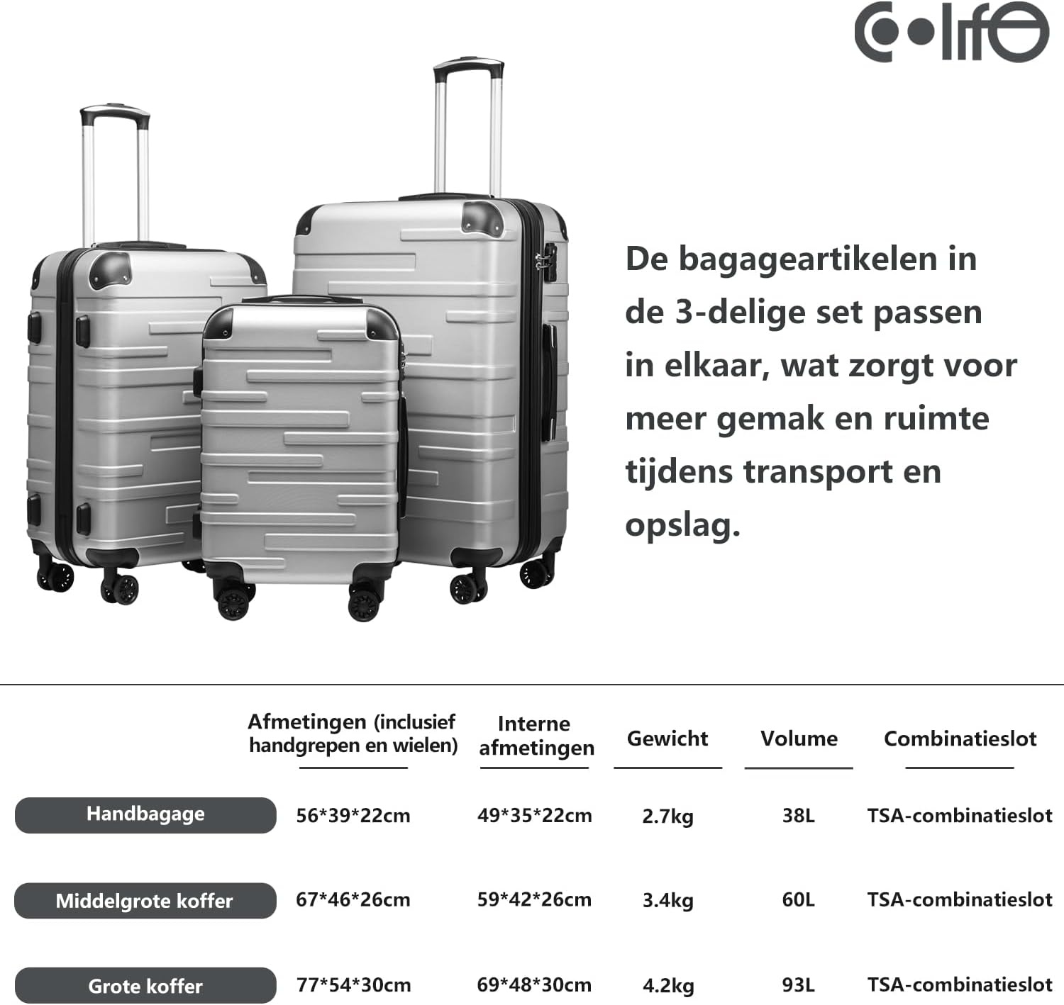 COOLIFE Cabin Trolley Reiskoffer hardshell koffer Bagage Lichtgewicht Reiskoffer Handbagage Koffer incl. TSA-slot trolley bagage rolkoffer 4 wielen ABS harde schaal (Grijs, 56cm-38L)
