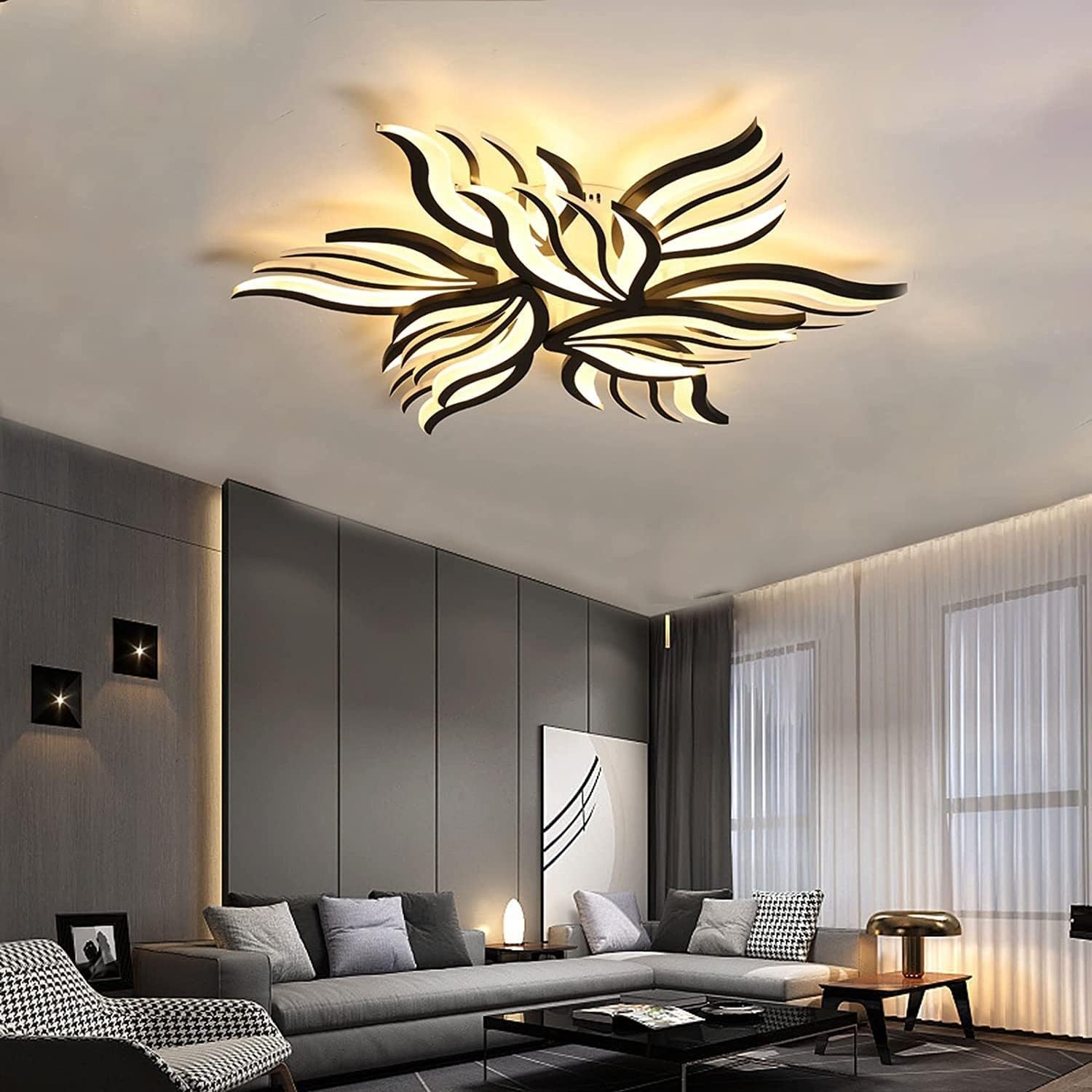 Moderne Zwarte Plafondlamp Bloemvorm 90W Dimbare LED Kroonluchter met Afstandsbediening