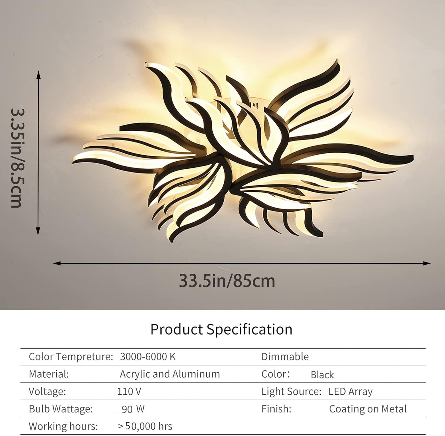 Moderne Zwarte Plafondlamp Bloemvorm 90W Dimbare LED Kroonluchter met Afstandsbediening