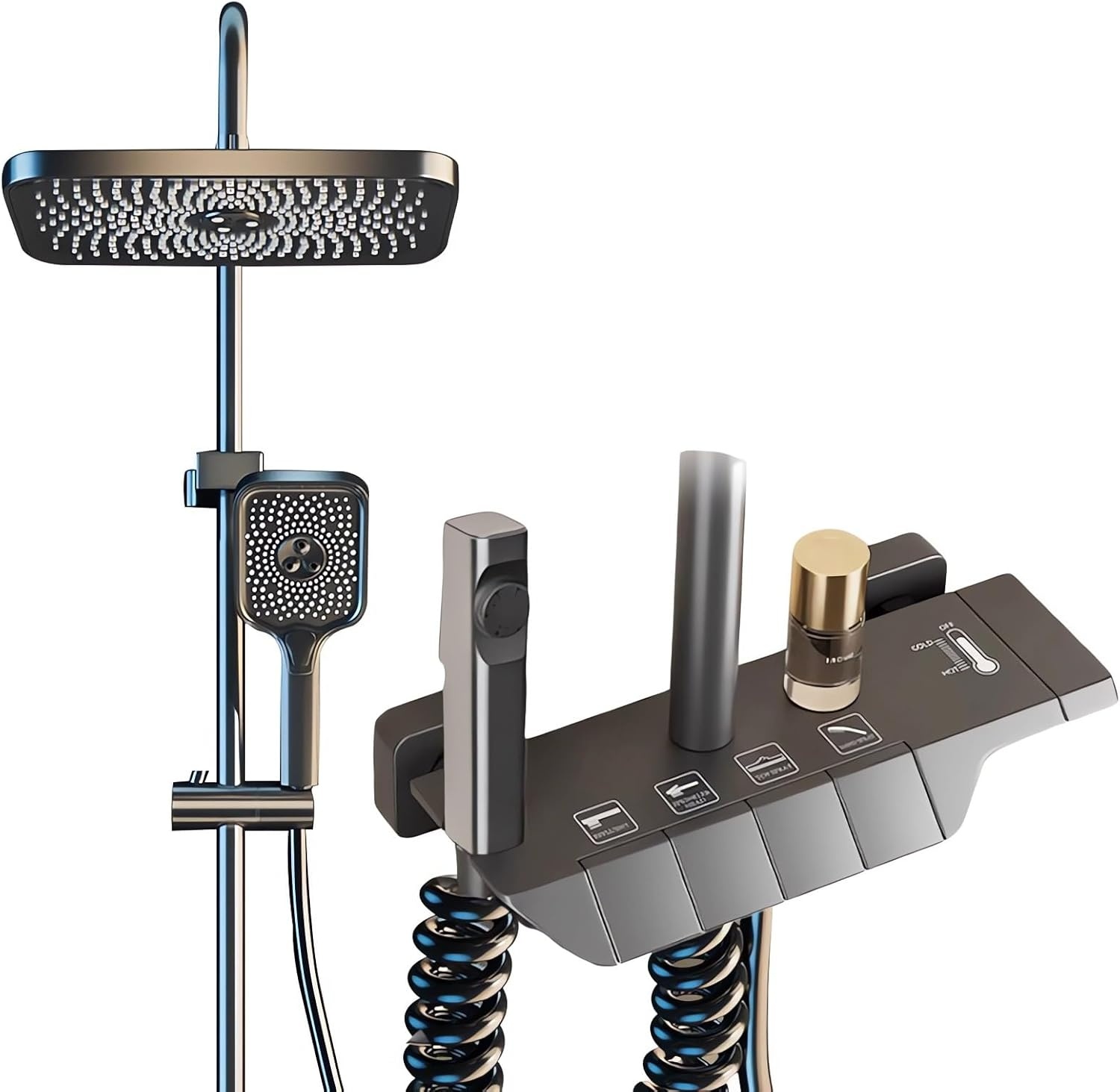 Regendouche met armatuur, roestvrij stalen douchesysteem, grijs, 30 x 20 cm, vierkante hoofddouche, doucheset, regendoucheset, complete set, douchestang met douche, 3 modi handdouche