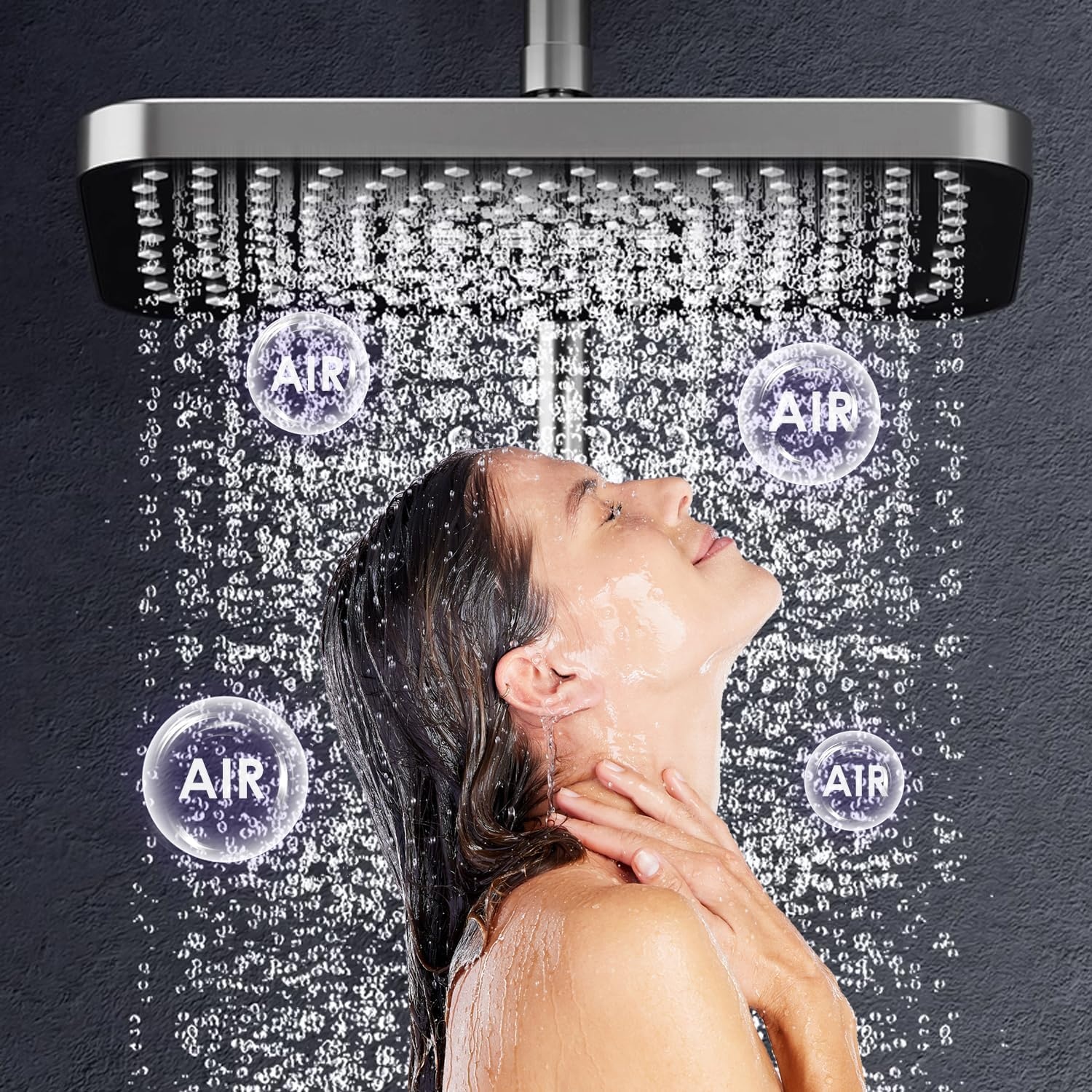 Regendouche met armatuur, roestvrij stalen douchesysteem, grijs, 30 x 20 cm, vierkante hoofddouche, doucheset, regendoucheset, complete set, douchestang met douche, 3 modi handdouche