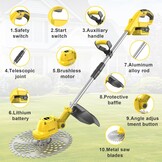 Grastrimmer met accu, highsam 9" borstelloze bosmaaier met 2x4.0AH batterij en onkruidborstel, trimmer tuin met 4 mestypen, elektrische motormaaier telescopische verstelling voor gazon tuin