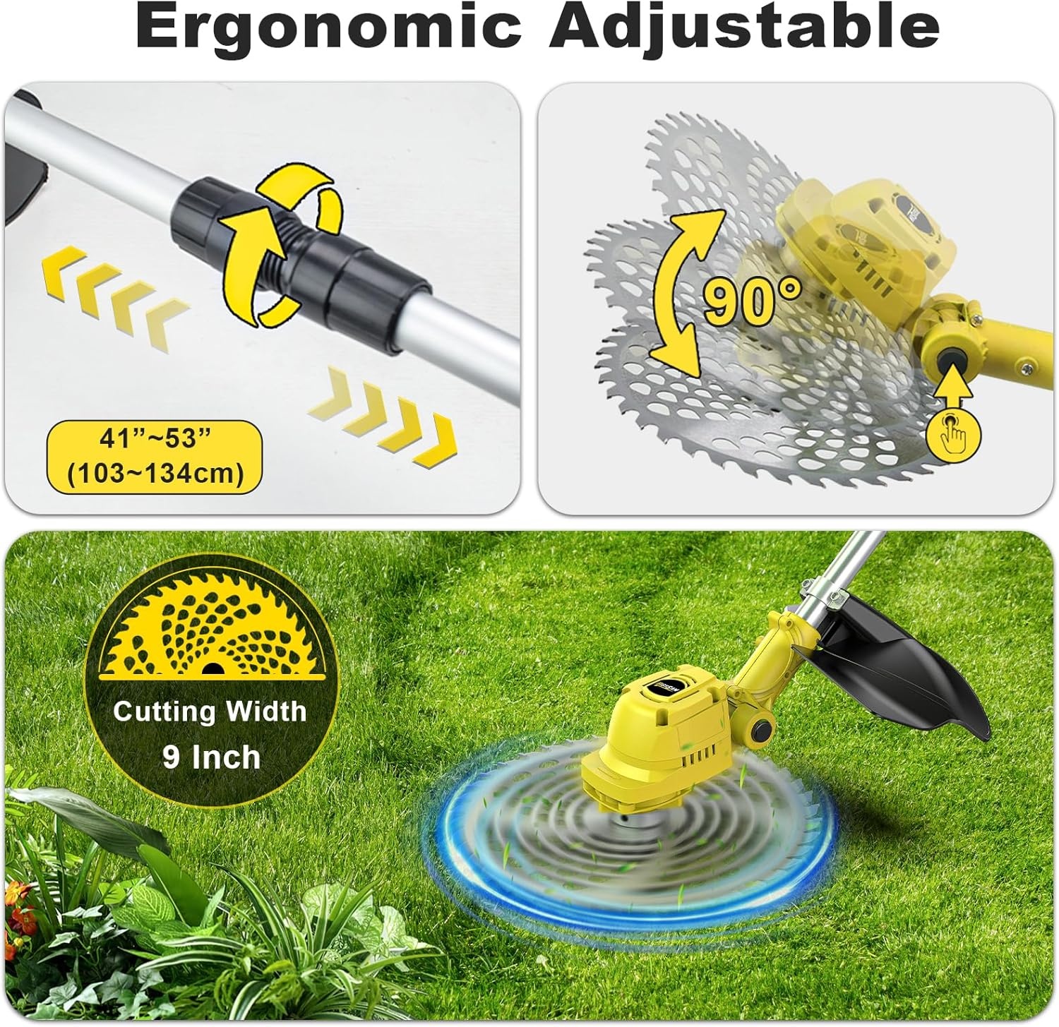 Grastrimmer met accu, highsam 9" borstelloze bosmaaier met 2x4.0AH batterij en onkruidborstel, trimmer tuin met 4 mestypen, elektrische motormaaier telescopische verstelling voor gazon tuin
