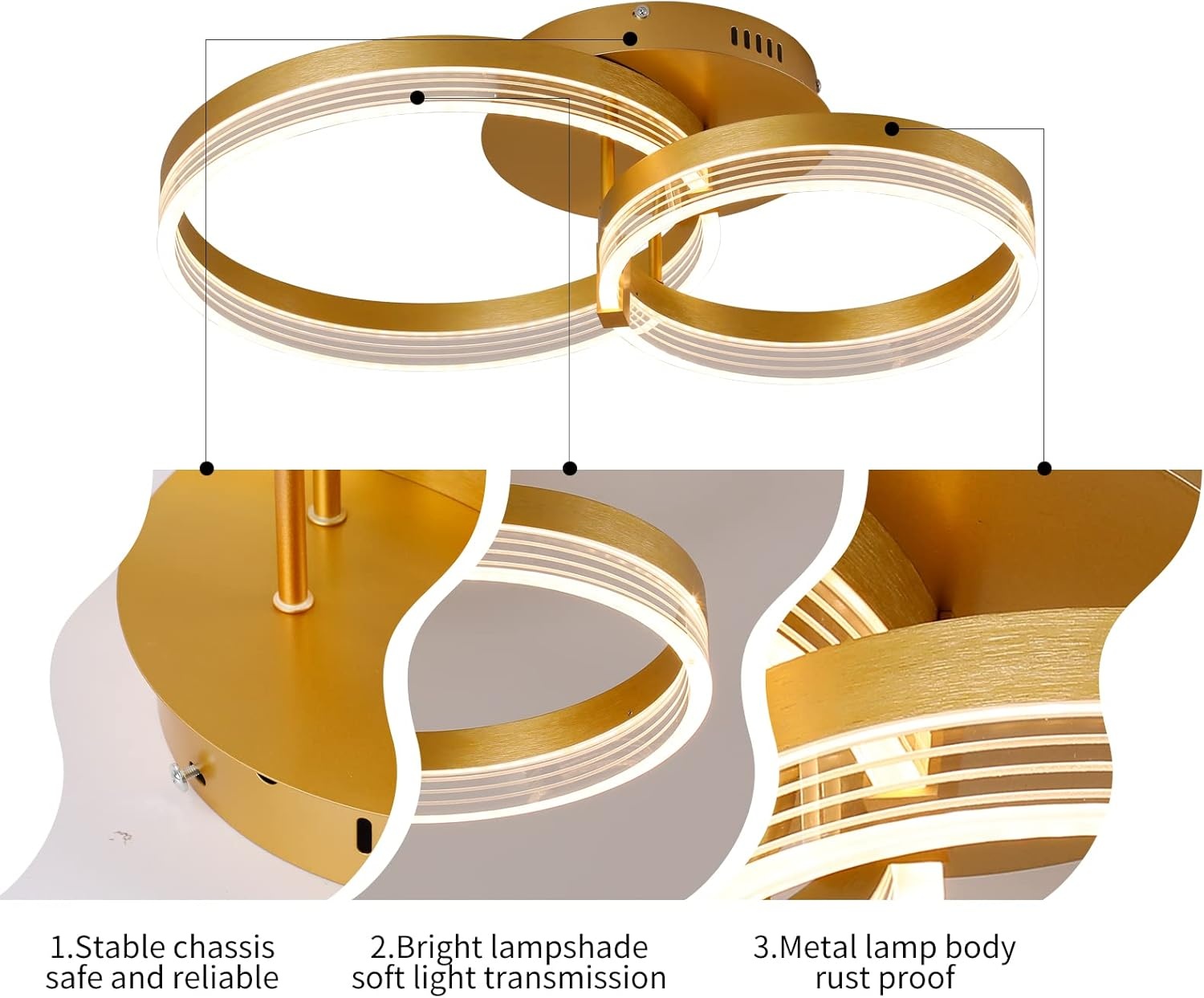 Modern LED Ceiling Light, Dimmable LED Acrylic Ceiling Lamp with Remote Control, 2-Rings Gold Ceiling Chandelier Flush Mount Ceiling Light Fixtures for Living Room Dining Room Bedroom, 32W