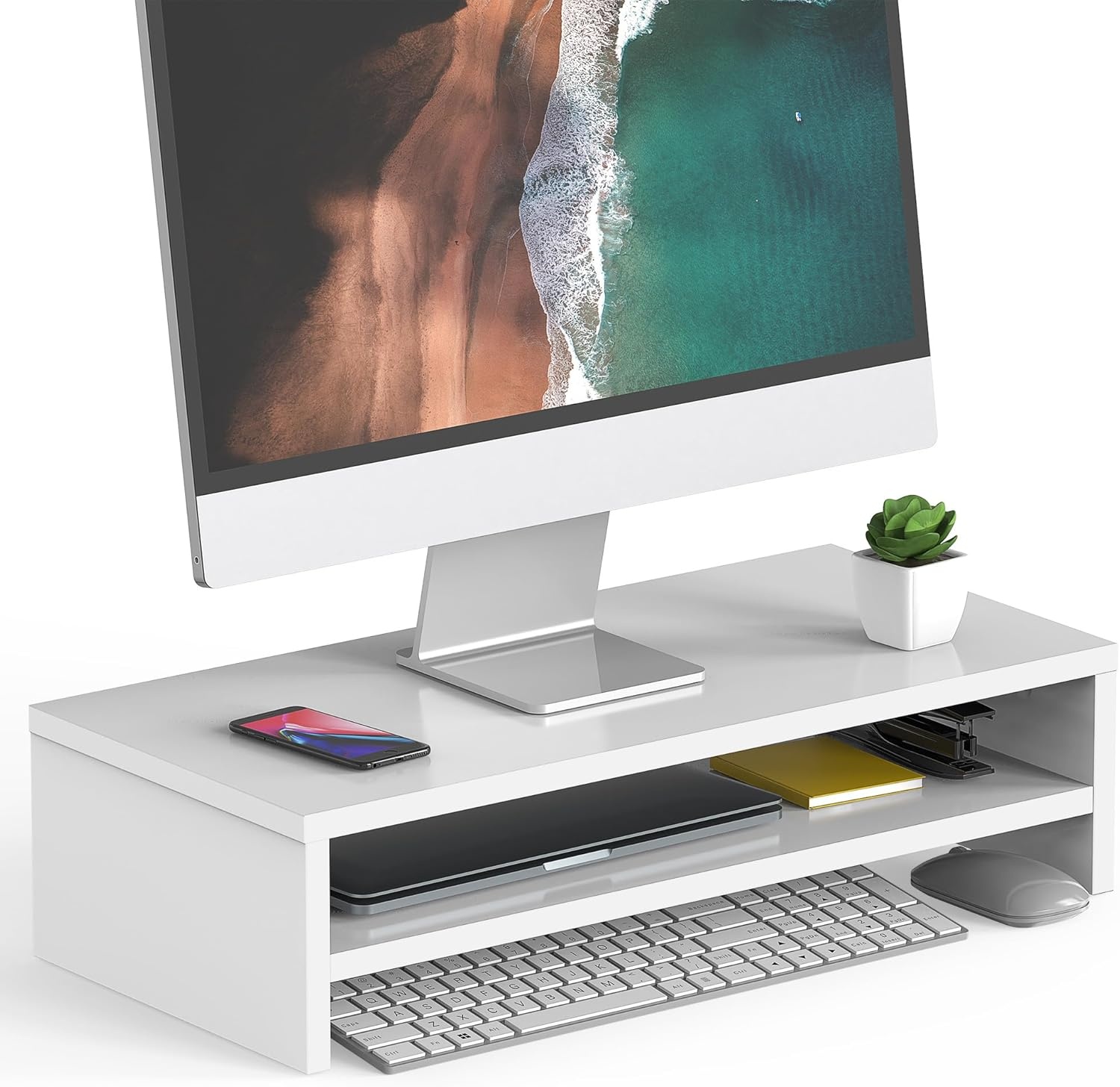 Houten Monitorstandaard Bureau-Organizer - 2 Lagen Wit - 29% Korting