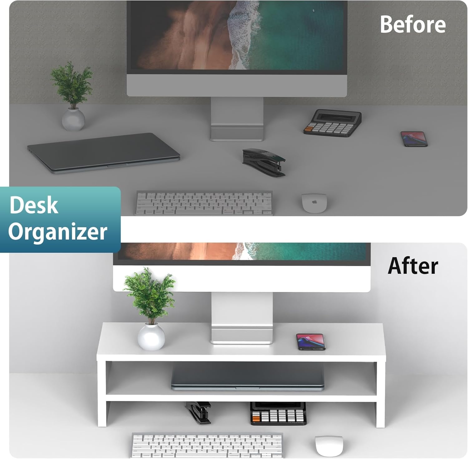 Houten Monitorstandaard Bureau-Organizer - 2 Lagen Wit - 29% Korting