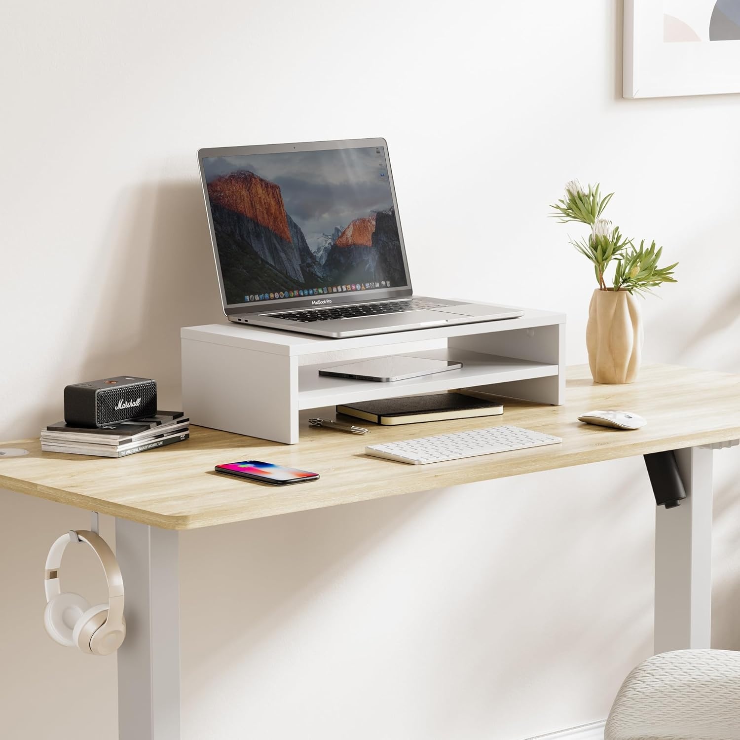 Houten Monitorstandaard Bureau-Organizer - 2 Lagen Wit - 29% Korting