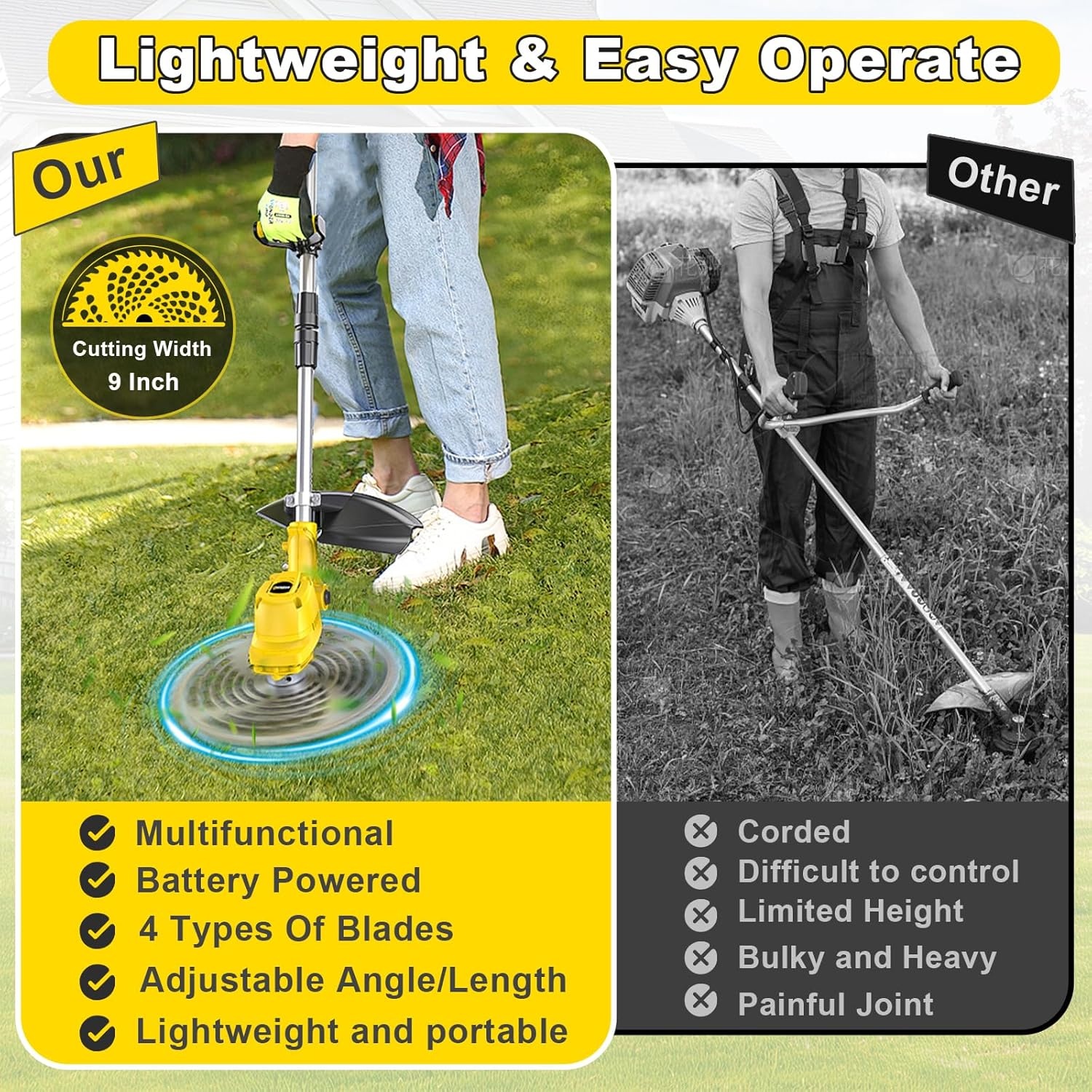 Grastrimmer met accu, highsam 9" borstelloze bosmaaier met 2x4.0AH batterij en onkruidborstel, trimmer tuin met 4 mestypen, elektrische motormaaier telescopische verstelling voor gazon tuin
