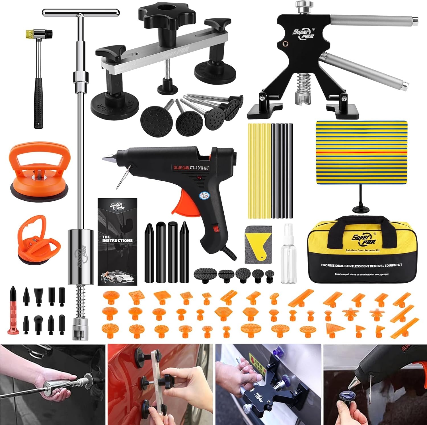 PDR TOOLS Uitdeukgereedschap, 87-delige reparatieset voor autodeuken, met glijhamer, 100 W, lijmpistool, lijndeukbord, uitdeukreparatieset, kan 90% van de deuken repareren