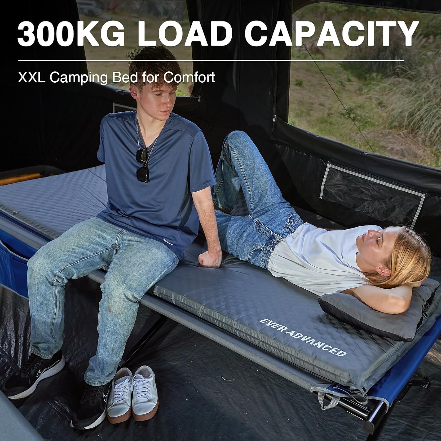 EVER ADVANCED Campingbed voor volwassenen, zware ondersteuning van 300 kg, extra breed opvouwbaar XXL campingbed, opvouwbaar, luxe draagbaar met draagtas voor kamperen, reizen, vissen, tuin, wandelen