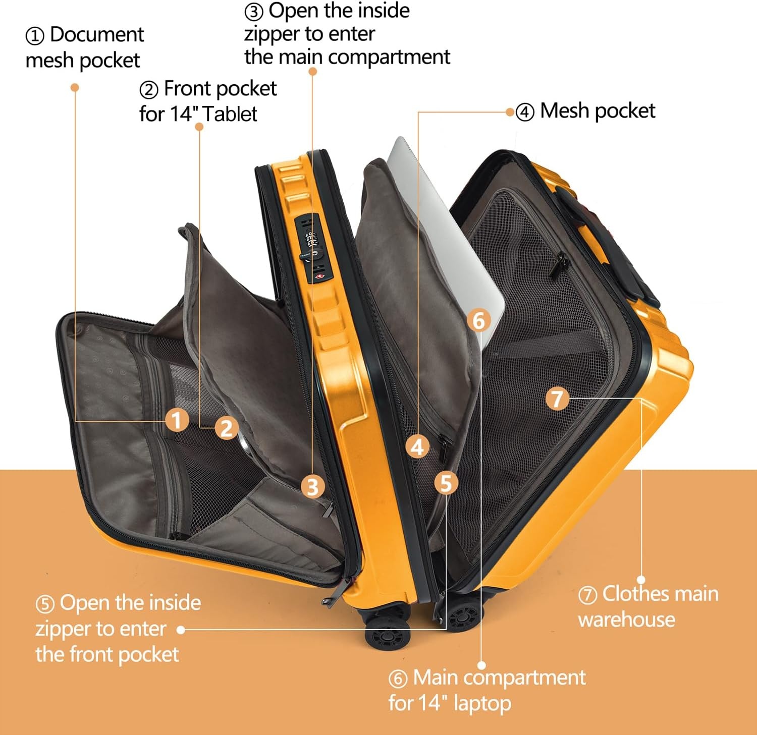 Oranje Handbagage Koffer 16" met 2 Laptopvakken & TSA-sloten - 30% Korting