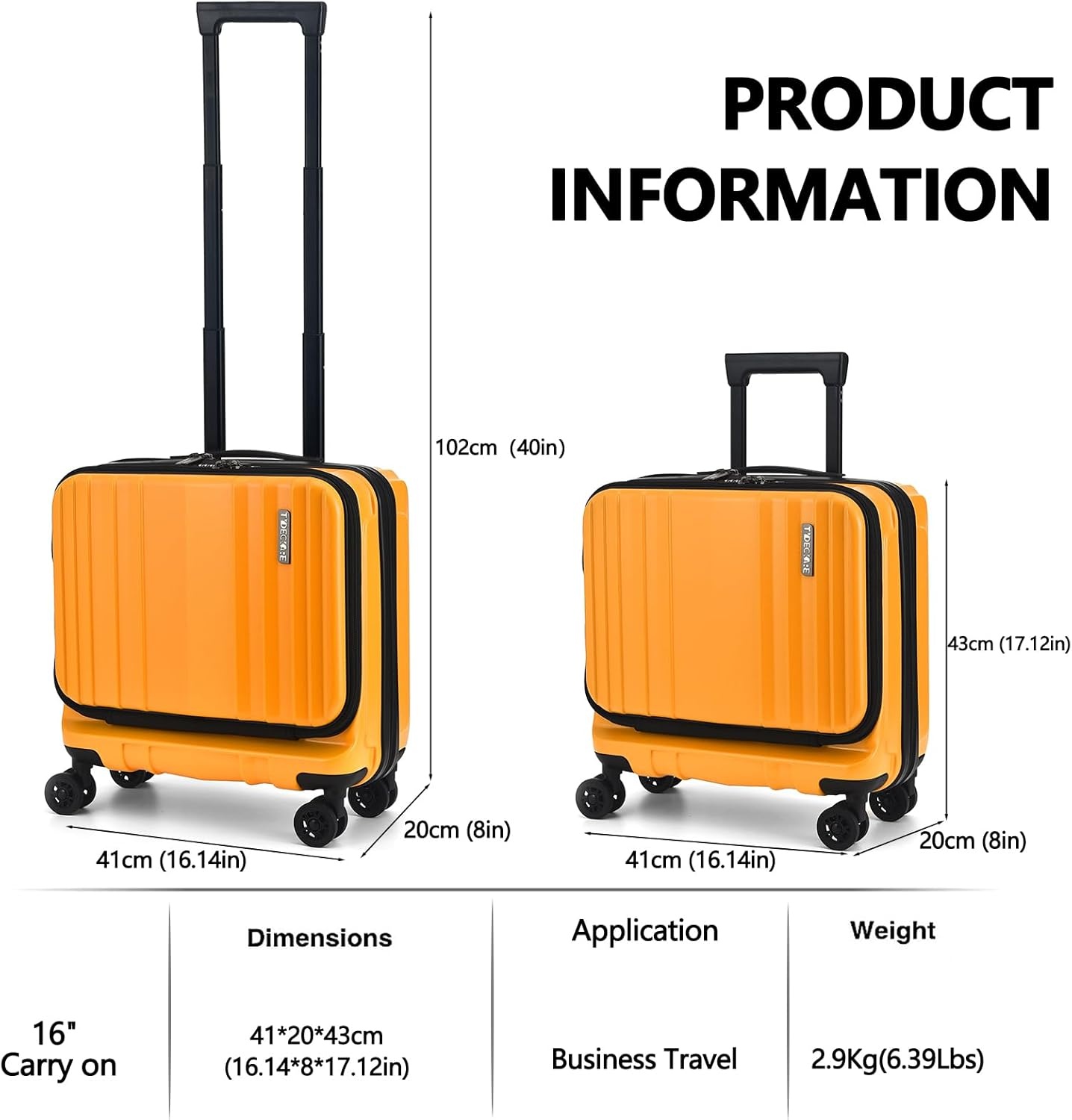 Oranje Handbagage Koffer 16" met 2 Laptopvakken & TSA-sloten - 30% Korting
