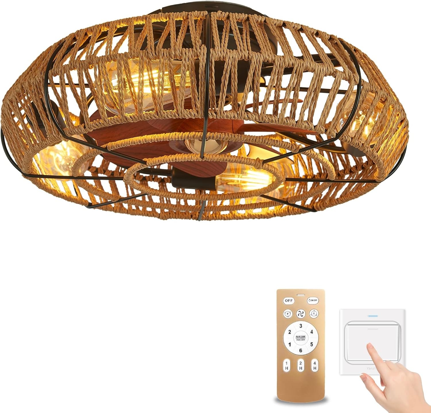 Plafondventilator met Licht: Vintage Hennep, Afstandsbediening, 6 Snelheden