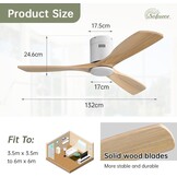 Plafondventilator 132cm Massief Hout | 6 Snelheden, Stille DC-motor