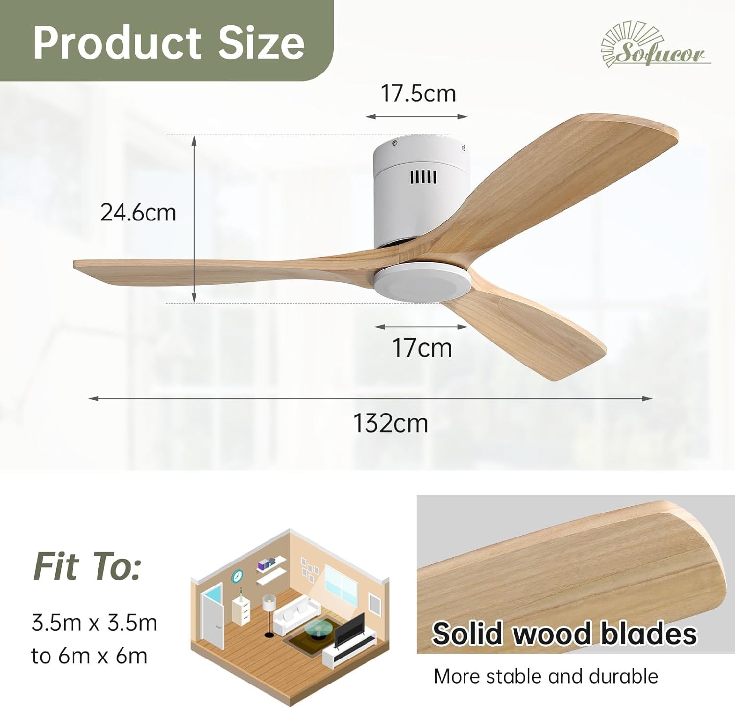 Plafondventilator 132cm Massief Hout | 6 Snelheden, Stille DC-motor