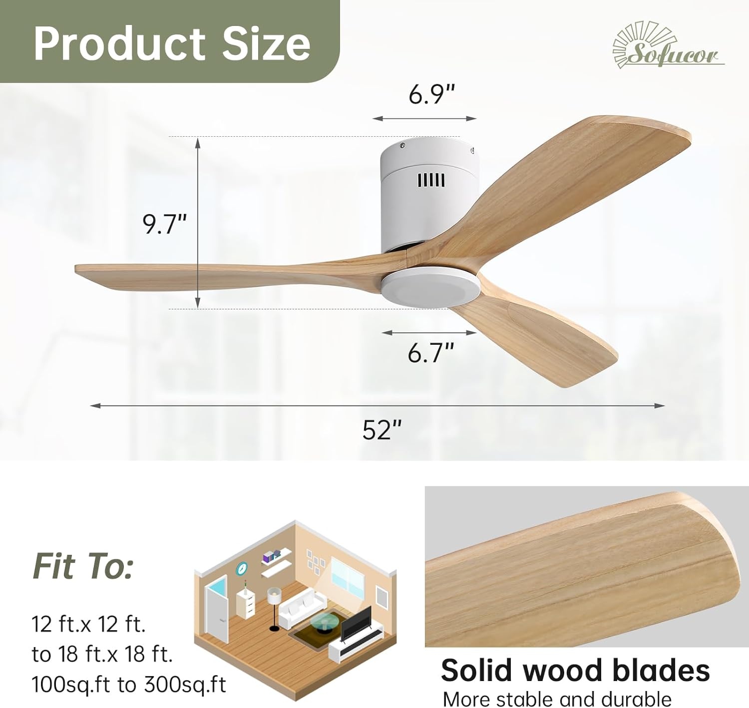 Plafondventilator 132cm Massief Hout | 6 Snelheden, Stille DC-motor