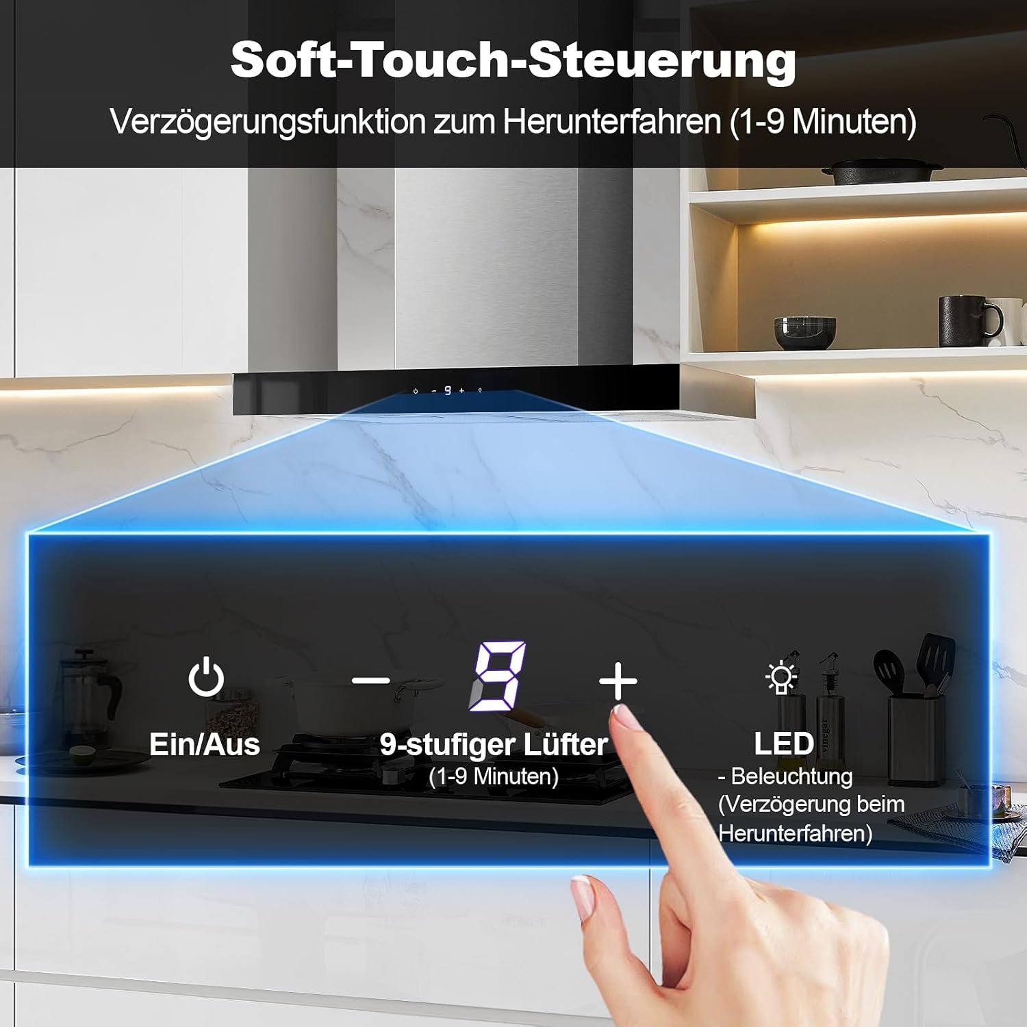 TopStrong Afzuigkap 60 cm, afzuigkap convectie/afvoerlucht, afzuigkap met 700 m³/h luchtstroom, afzuigkap 60 cm roestvrij staal, 9 standen soft touch-besturing en 2 W ledlicht