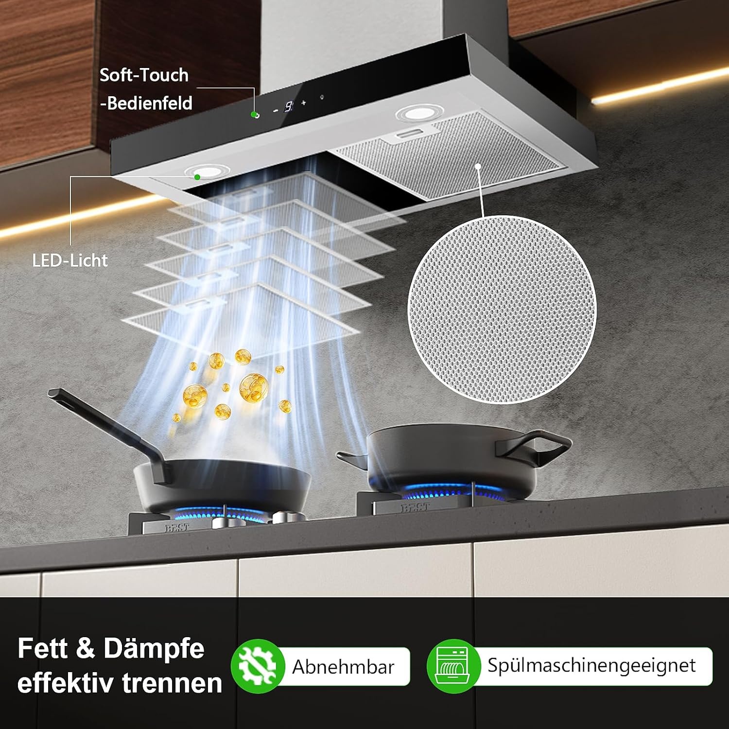 TopStrong Afzuigkap 60 cm, afzuigkap convectie/afvoerlucht, afzuigkap met 700 m³/h luchtstroom, afzuigkap 60 cm roestvrij staal, 9 standen soft touch-besturing en 2 W ledlicht