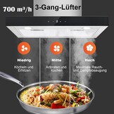 TopStrong Afzuigkap 60 cm, afzuigkap convectie/afvoerlucht, afzuigkap met 700 m³/h luchtstroom, afzuigkap 60 cm roestvrij staal, 9 standen soft touch-besturing en 2 W ledlicht