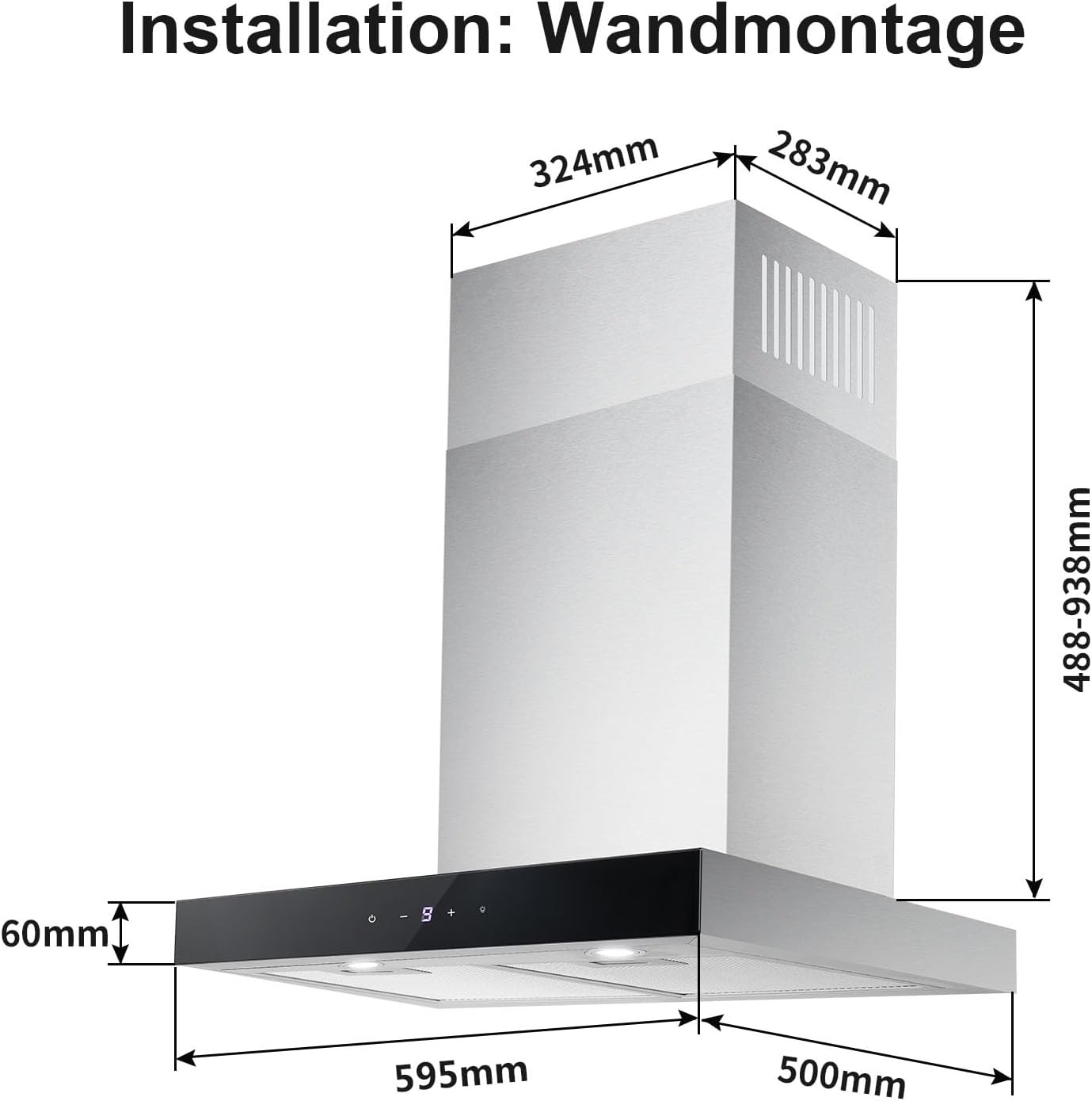 TopStrong Afzuigkap 60 cm, afzuigkap convectie/afvoerlucht, afzuigkap met 700 m³/h luchtstroom, afzuigkap 60 cm roestvrij staal, 9 standen soft touch-besturing en 2 W ledlicht