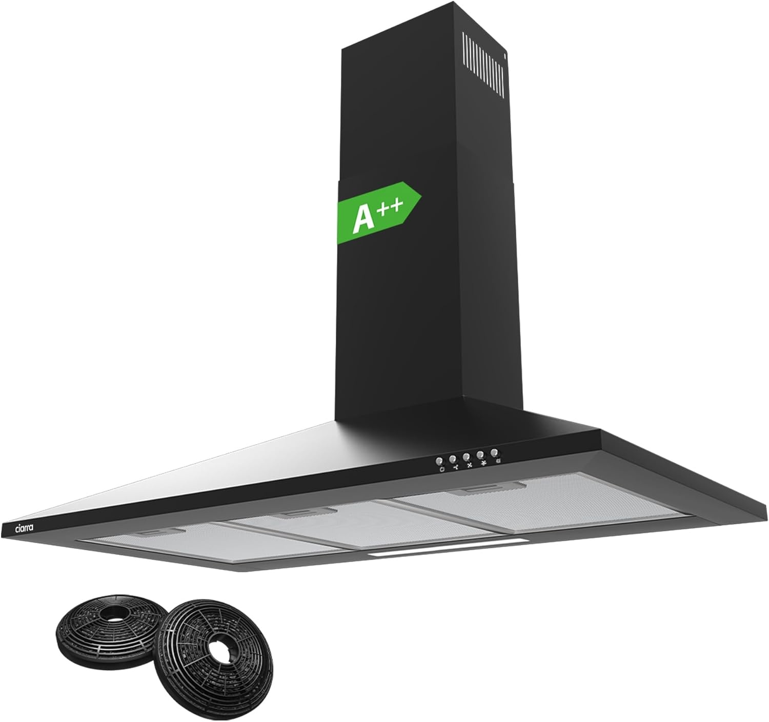 CIARRA CBCB9201 A++ Afzuigkap 90 cm, 370m³/u 3 standen,roestvrij staal, piramidevormig wandmodel,afvoervariant en recirculatie afzuigkap met koolstoffilter CBCF002, zwart