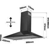 CIARRA CBCB9201 A++ Afzuigkap 90 cm, 370m³/u 3 standen,roestvrij staal, piramidevormig wandmodel,afvoervariant en recirculatie afzuigkap met koolstoffilter CBCF002, zwart