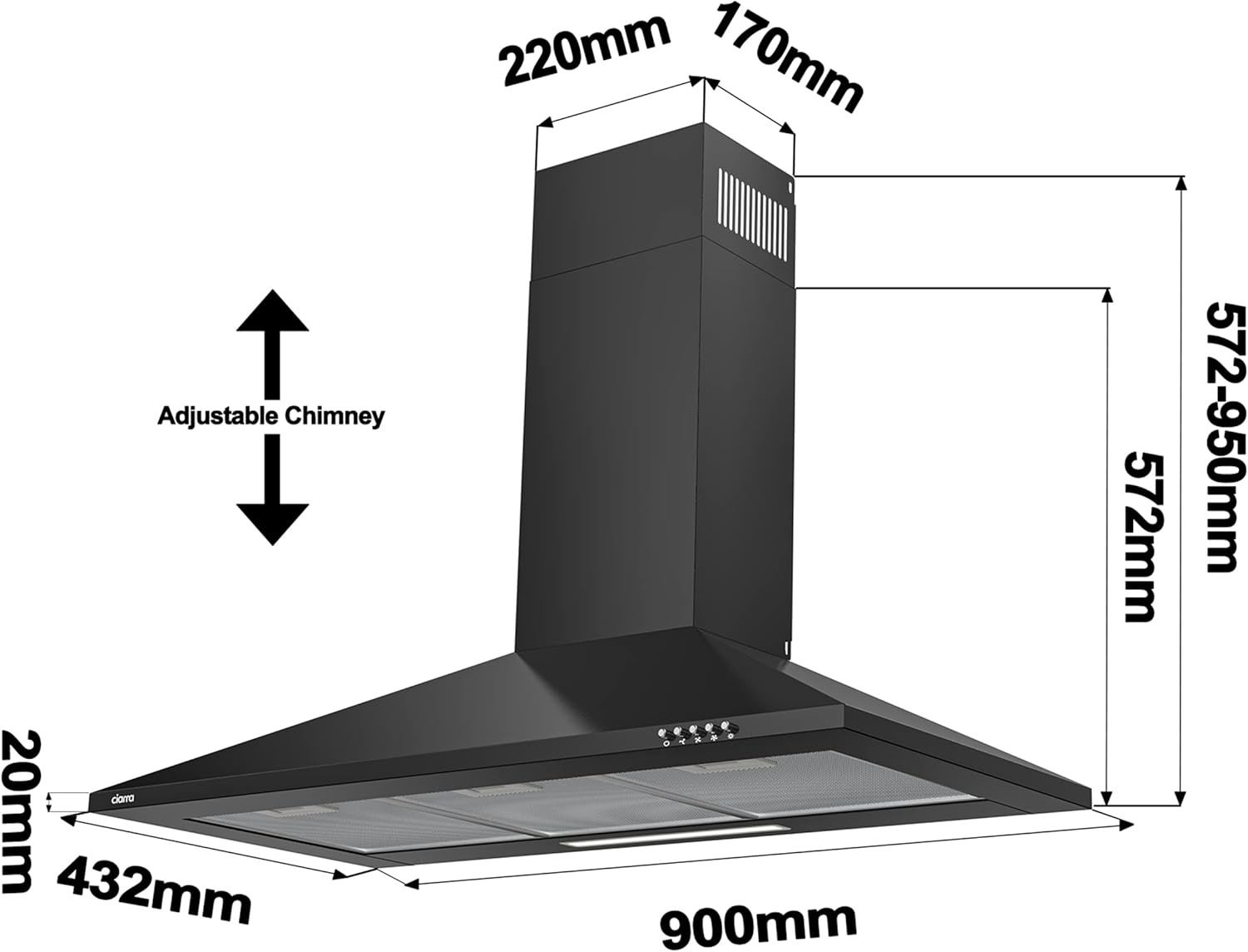 CIARRA CBCB9201 A++ Afzuigkap 90 cm, 370m³/u 3 standen,roestvrij staal, piramidevormig wandmodel,afvoervariant en recirculatie afzuigkap met koolstoffilter CBCF002, zwart