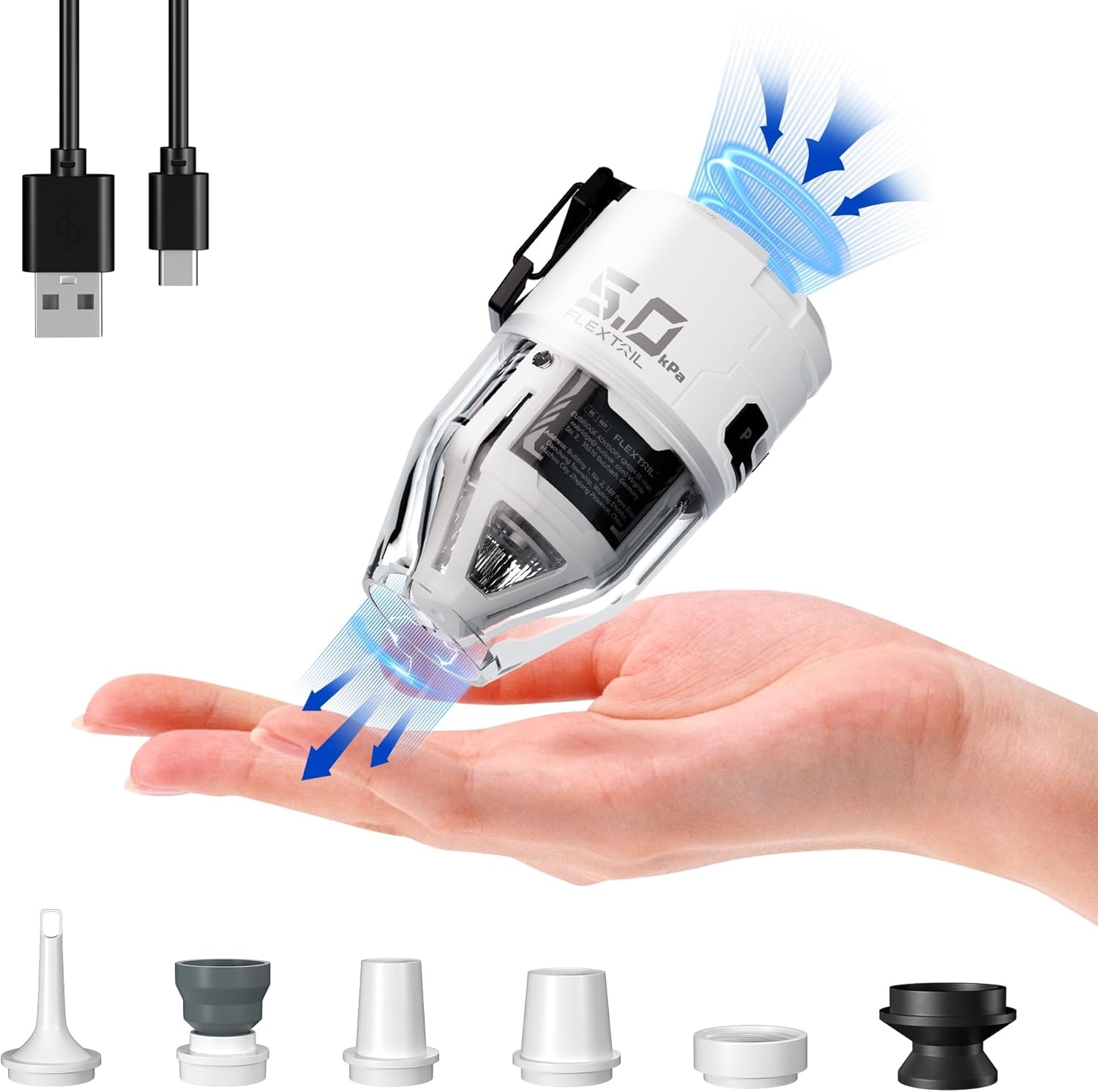 FLEXTAILGEAR MAX Pump 3 draagbare luchtpomp, 5,0 kPa, verlichting, USB-opladen voor het opblazen en legen van zwemhulpen, luchtbedden en zwemringen, vacuümopbergzak