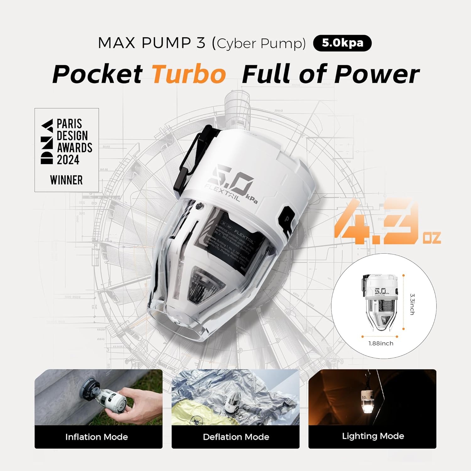 FLEXTAILGEAR MAX Pump 3 draagbare luchtpomp, 5,0 kPa, verlichting, USB-opladen voor het opblazen en legen van zwemhulpen, luchtbedden en zwemringen, vacuümopbergzak