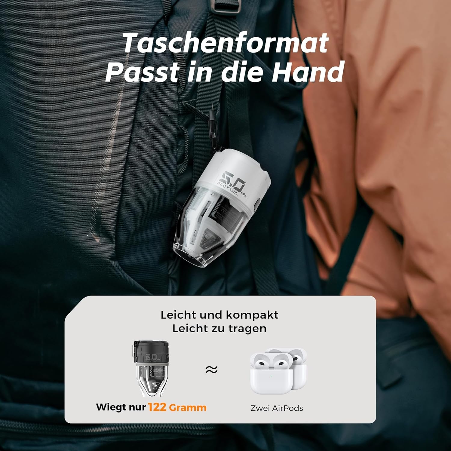 FLEXTAILGEAR MAX Pump 3 draagbare luchtpomp, 5,0 kPa, verlichting, USB-opladen voor het opblazen en legen van zwemhulpen, luchtbedden en zwemringen, vacuümopbergzak