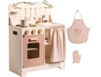 ROBOTIME Kinderkeuken in roze crème, inclusief schort, handschoen, oven en kraan, met gordijn voor interactieve rollenspellen, ideaal voor meisjes vanaf 3 jaar